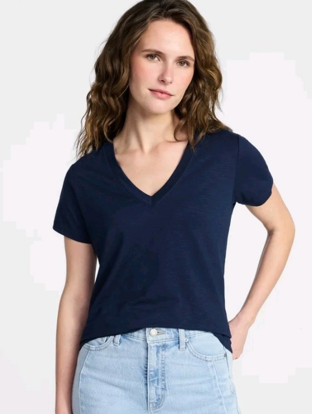 Time and Tru Womens Slub V-Neck Tee with Short Sleeves, Sizes XXL Navy Blue